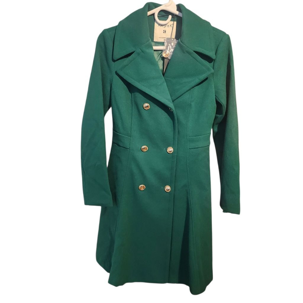 Women's Allegra K Green Gold Button Double Breasted Pea Coat XS, New - Picture 3 of 6